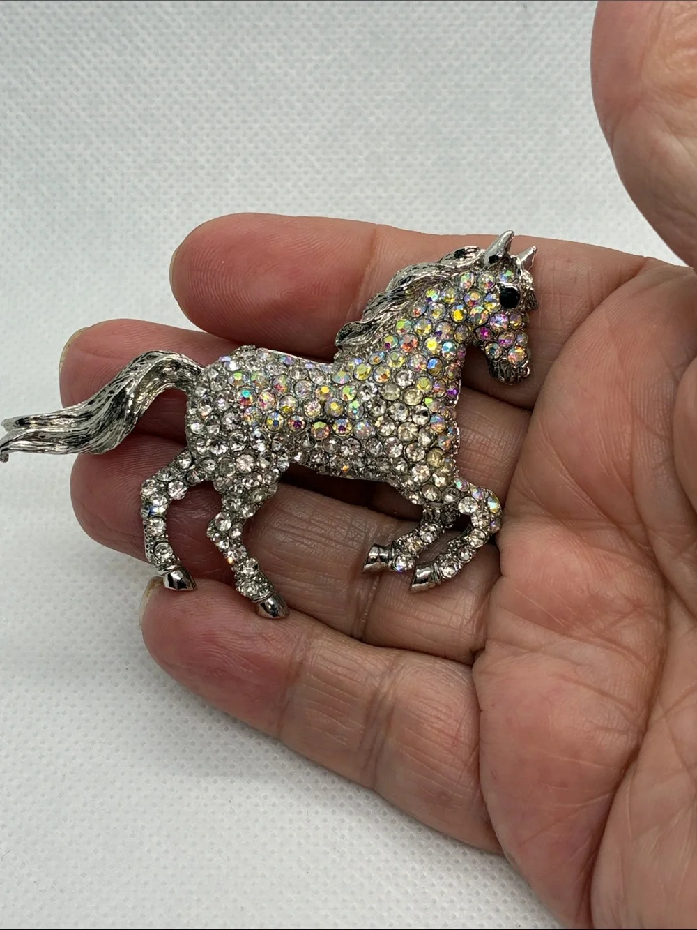 Aurora Crystal Horse Brooch - Silver Tone